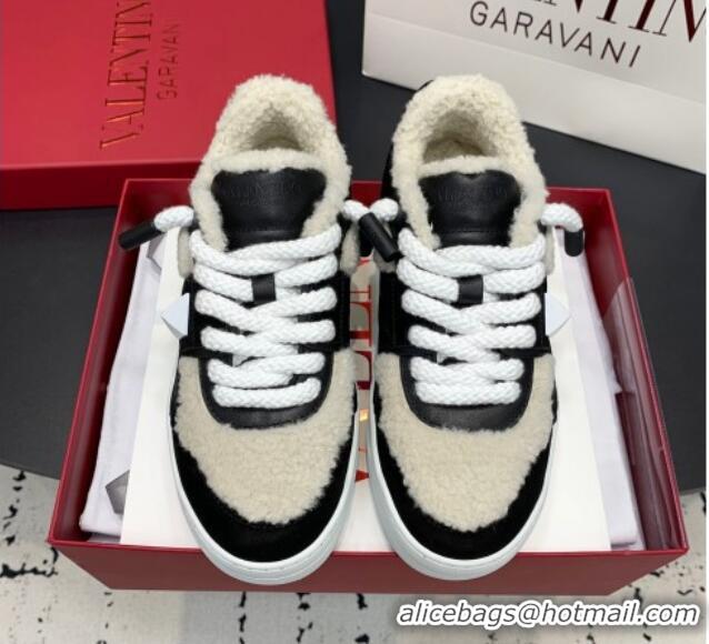 Good Quality Valentino One Stud Platform Sneakers in Calfskin and Shearling Black 1226054