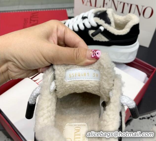 Good Quality Valentino One Stud Platform Sneakers in Calfskin and Shearling Black 1226054