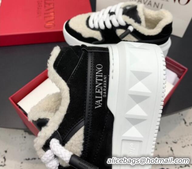 Good Quality Valentino One Stud Platform Sneakers in Calfskin and Shearling Black 1226054