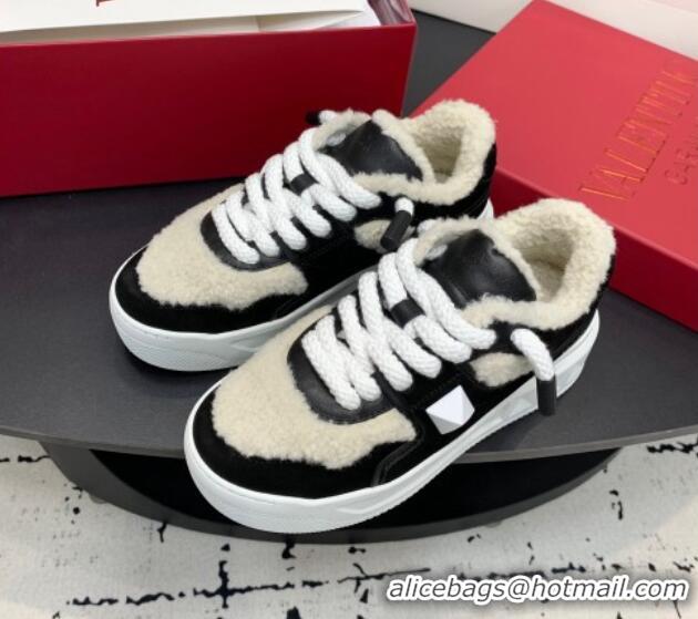 Good Quality Valentino One Stud Platform Sneakers in Calfskin and Shearling Black 1226054