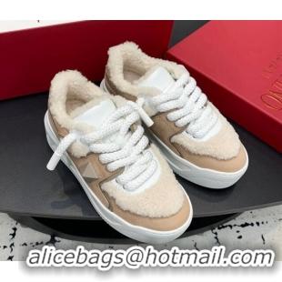 Best Price Valentino One Stud Platform Sneakers in Calfskin and Shearling Beige 1226055