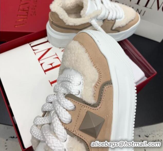 Best Price Valentino One Stud Platform Sneakers in Calfskin and Shearling Beige 1226055