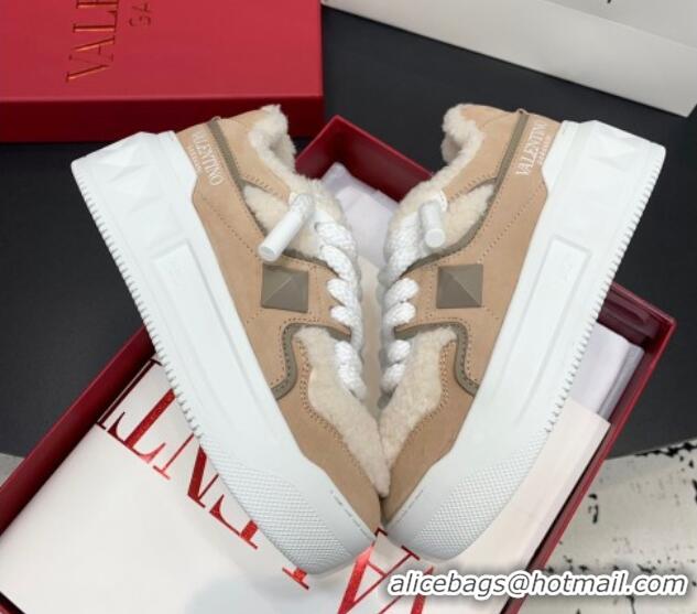 Best Price Valentino One Stud Platform Sneakers in Calfskin and Shearling Beige 1226055