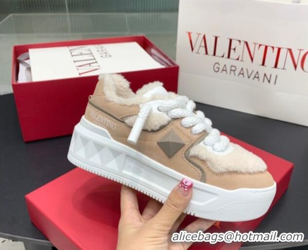 Best Price Valentino One Stud Platform Sneakers in Calfskin and Shearling Beige 1226055