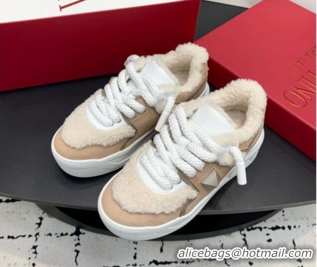 Best Price Valentino One Stud Platform Sneakers in Calfskin and Shearling Beige 1226055