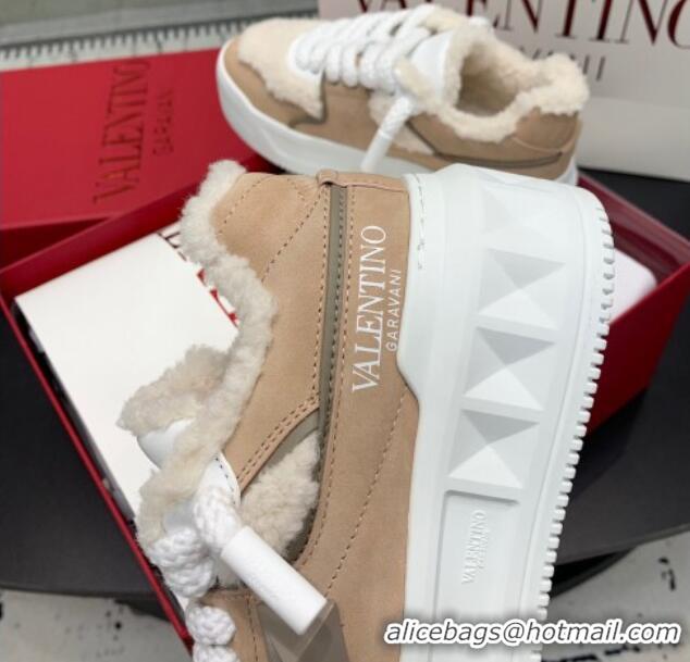 Best Price Valentino One Stud Platform Sneakers in Calfskin and Shearling Beige 1226055