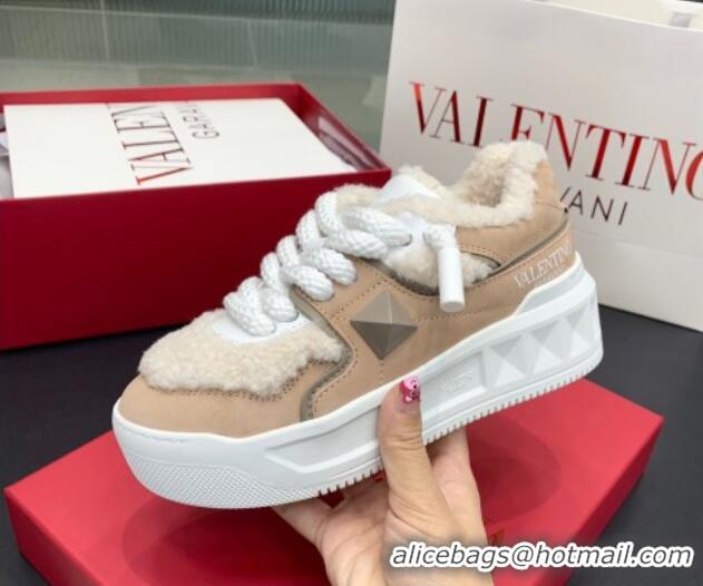 Best Price Valentino One Stud Platform Sneakers in Calfskin and Shearling Beige 1226055