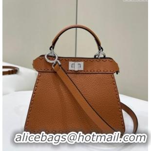 Luxurious Fendi Peekaboo ISeeU Petite Bag in Grained Leather with Oversized topstitching 80133 Caramel Brown 2025 Top Qu