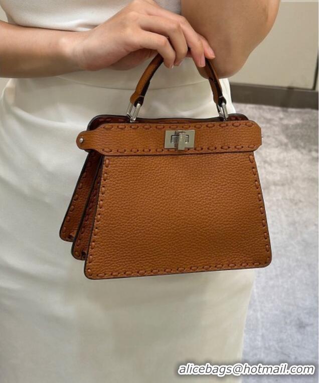 Luxurious Fendi Peekaboo ISeeU Petite Bag in Grained Leather with Oversized topstitching 80133 Caramel Brown 2025 Top Qu