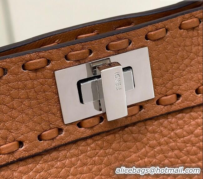 Luxurious Fendi Peekaboo ISeeU Petite Bag in Grained Leather with Oversized topstitching 80133 Caramel Brown 2025 Top Qu