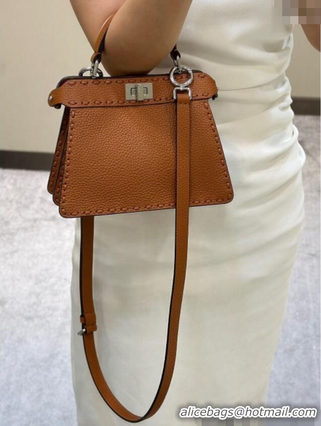 Luxurious Fendi Peekaboo ISeeU Petite Bag in Grained Leather with Oversized topstitching 80133 Caramel Brown 2025 Top Qu