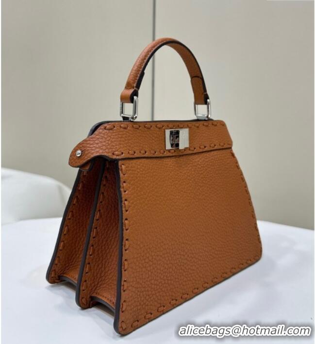 Luxurious Fendi Peekaboo ISeeU Petite Bag in Grained Leather with Oversized topstitching 80133 Caramel Brown 2025 Top Qu