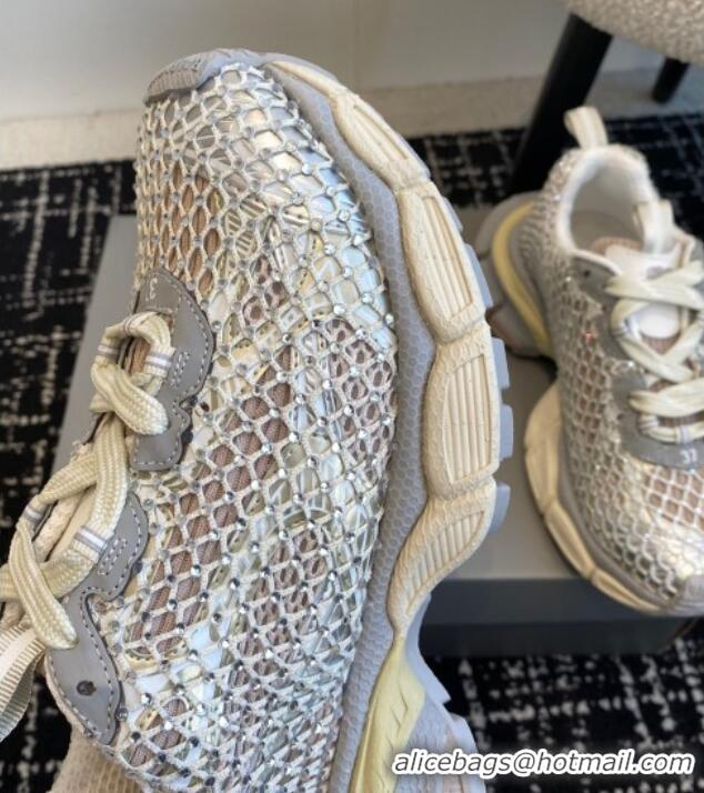 Stylish Balenciaga 3XL Fishnet Sneakers in Strass Mesh Silver 0219078