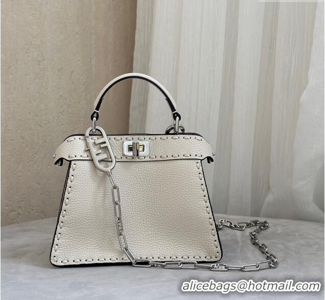 Classic Fendi Peekaboo ISeeU Petite Bag in Grained Leather with Oversized topstitching 80133 White 2025 Top Quality