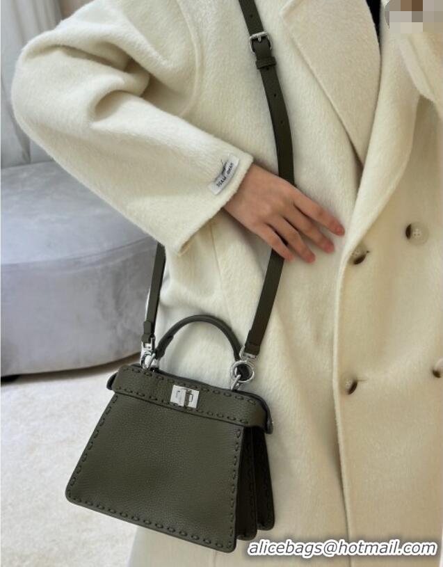 Fashion Fendi Peekaboo ISeeU Petite Bag in Grained Leather with Oversized topstitching 80133 Green 2025 Top Quality