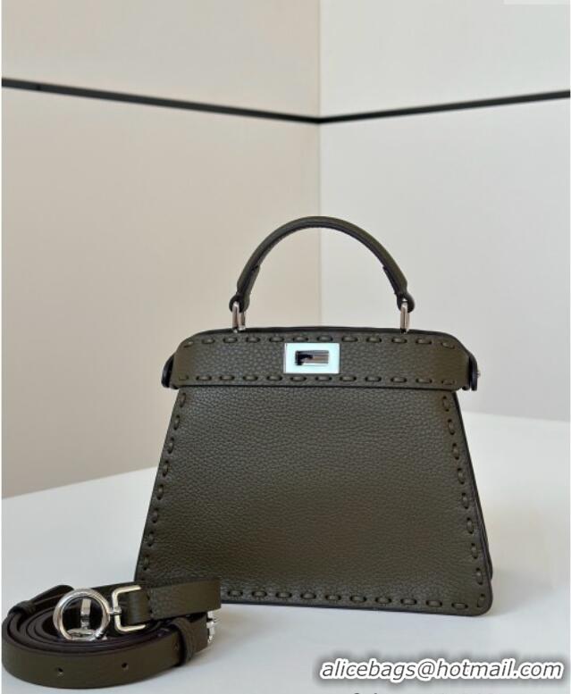 Fashion Fendi Peekaboo ISeeU Petite Bag in Grained Leather with Oversized topstitching 80133 Green 2025 Top Quality