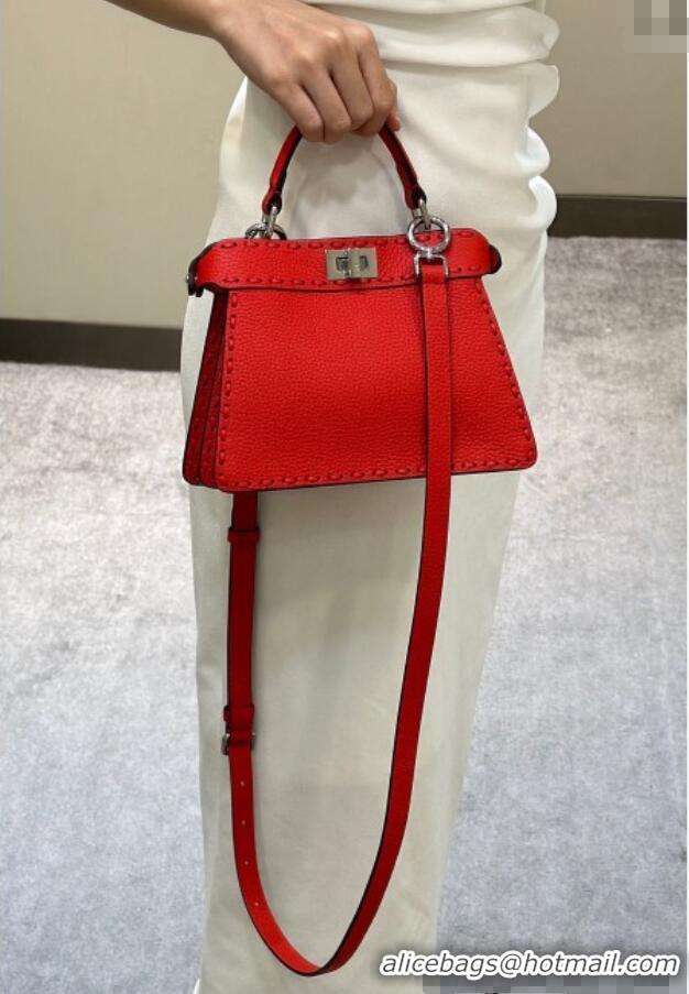 Shop Fendi Peekaboo ISeeU Petite Bag in Grained Leather with Oversized topstitching 80133 Red 2025 Top Quality