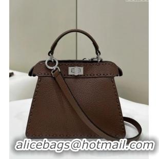 Best Price Fendi Peekaboo ISeeU Petite Bag in Grained Leather with Oversized topstitching 80133 Dark Brown 2025 Top Qual