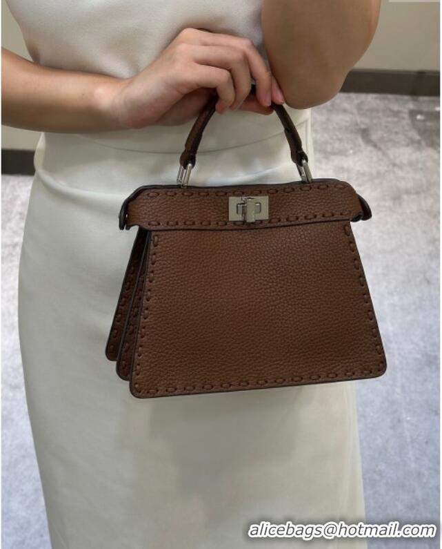 Best Price Fendi Peekaboo ISeeU Petite Bag in Grained Leather with Oversized topstitching 80133 Dark Brown 2025 Top Qual