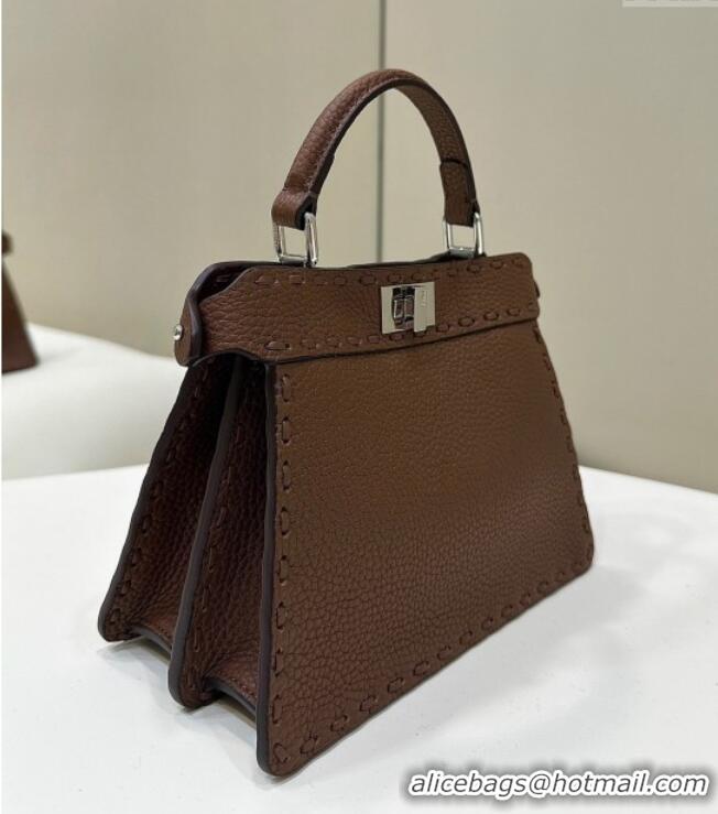 Best Price Fendi Peekaboo ISeeU Petite Bag in Grained Leather with Oversized topstitching 80133 Dark Brown 2025 Top Qual