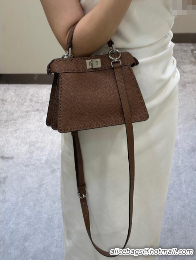 Best Price Fendi Peekaboo ISeeU Petite Bag in Grained Leather with Oversized topstitching 80133 Dark Brown 2025 Top Qual