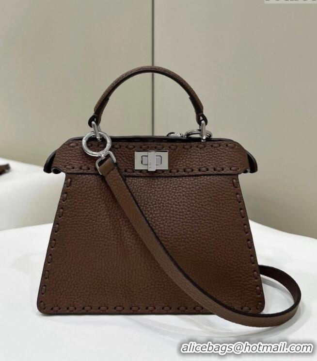 Best Price Fendi Peekaboo ISeeU Petite Bag in Grained Leather with Oversized topstitching 80133 Dark Brown 2025 Top Qual