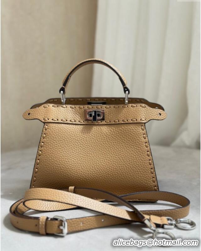 Discount Fendi Peekaboo ISeeU Petite Bag in Grained Leather with Oversized topstitching 80133 Apricot 2025 Top Quality