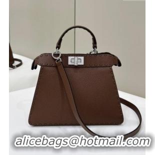 Free Shipping Fendi Peekaboo ISeeU Small Bag in Grained Leather with Oversized Topstitching 80133 Dark Brown 2025 Top Qu