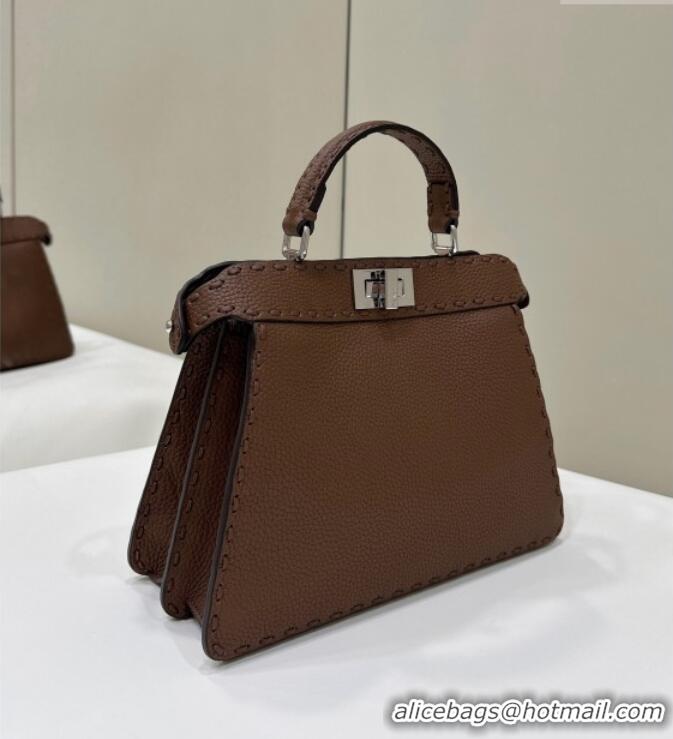 Free Shipping Fendi Peekaboo ISeeU Small Bag in Grained Leather with Oversized Topstitching 80133 Dark Brown 2025 Top Qu