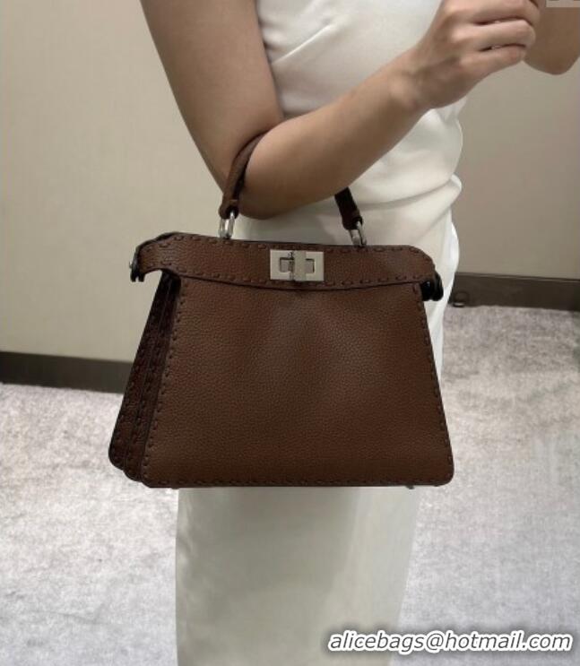 Free Shipping Fendi Peekaboo ISeeU Small Bag in Grained Leather with Oversized Topstitching 80133 Dark Brown 2025 Top Qu