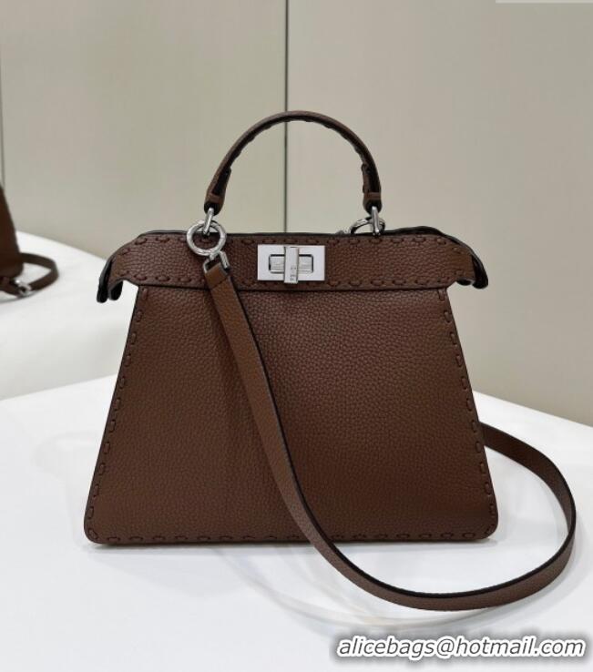 Free Shipping Fendi Peekaboo ISeeU Small Bag in Grained Leather with Oversized Topstitching 80133 Dark Brown 2025 Top Qu