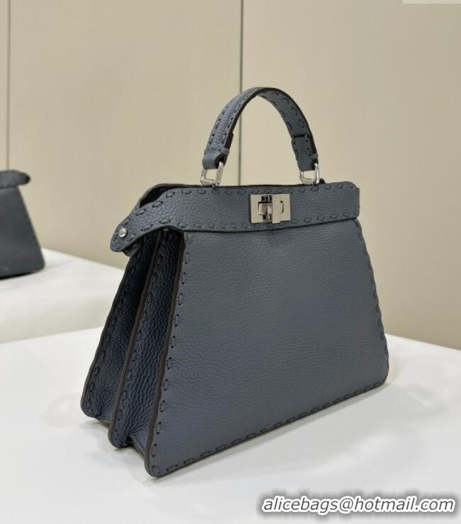 Well Crafted Fendi Peekaboo ISeeU Small Bag in Grained Leather with Oversized Topstitching 80133 Dusty Blue 2025 Top Qua