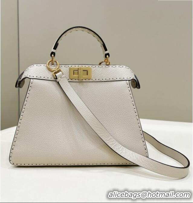 Luxurious Fendi Peekaboo ISeeU Small Bag in Grained Leather with Oversized Topstitching 80133 White 2025 Top Quality