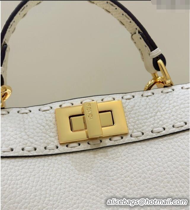 Luxurious Fendi Peekaboo ISeeU Small Bag in Grained Leather with Oversized Topstitching 80133 White 2025 Top Quality