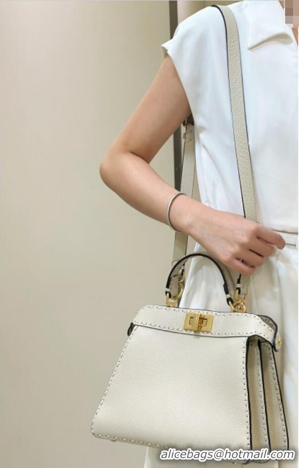 Luxurious Fendi Peekaboo ISeeU Small Bag in Grained Leather with Oversized Topstitching 80133 White 2025 Top Quality