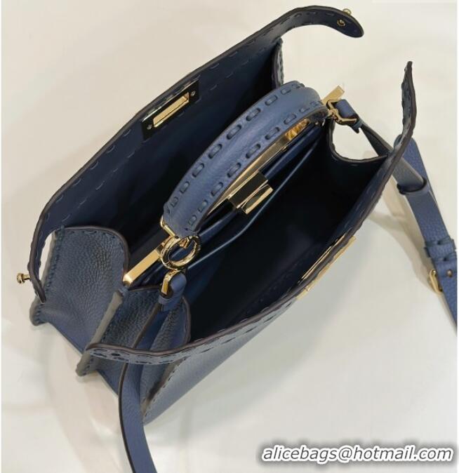 Discount Fendi Peekaboo ISeeU Small Bag in Grained Leather with Oversized topstitching 80133 Midnight Blue 2025 Top Qual