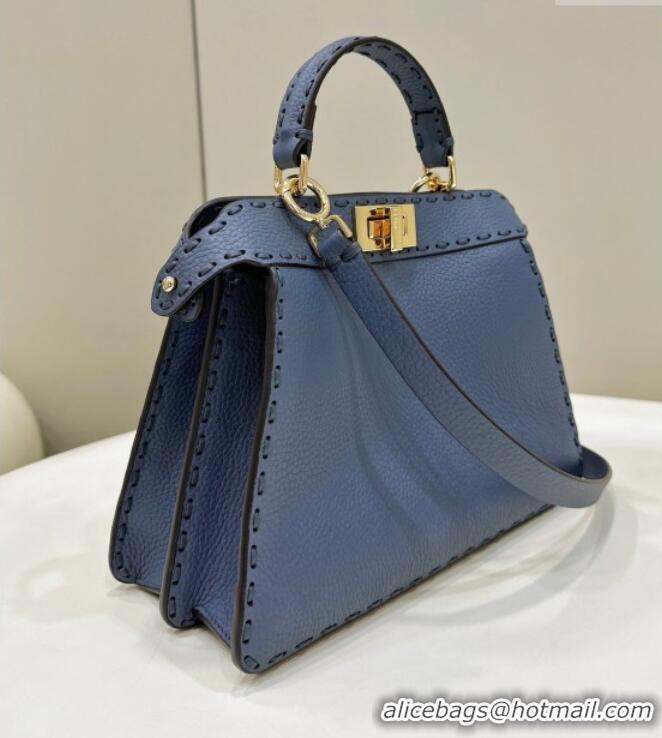 Discount Fendi Peekaboo ISeeU Small Bag in Grained Leather with Oversized topstitching 80133 Midnight Blue 2025 Top Qual