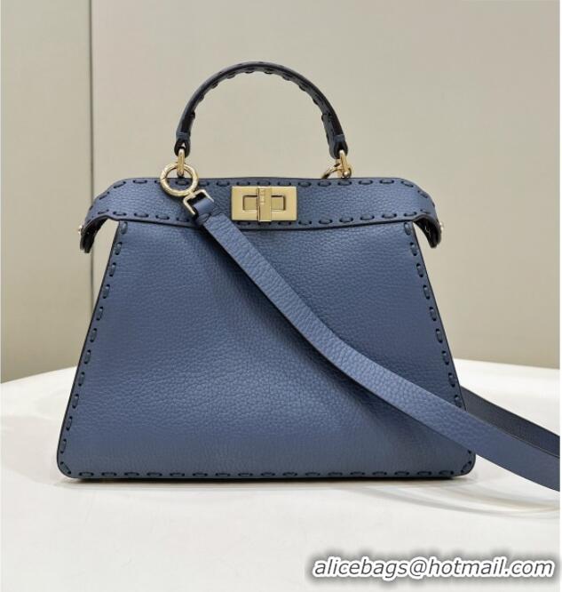 Discount Fendi Peekaboo ISeeU Small Bag in Grained Leather with Oversized topstitching 80133 Midnight Blue 2025 Top Qual