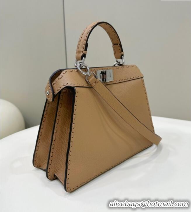 Most Popular Fendi Peekaboo ISeeU Small Bag in Grained Leather with Oversized Topstitching 80133 Apricot 2025 Top Qualit