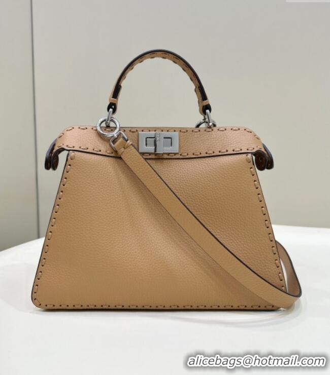 Most Popular Fendi Peekaboo ISeeU Small Bag in Grained Leather with Oversized Topstitching 80133 Apricot 2025 Top Qualit