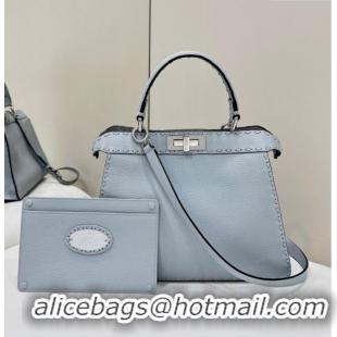 Best Price Fendi Peekaboo ISeeU Medium Bag in Grained Leather with Oversized Topstitching 80133 Glacier Blue 2025 Top Qu