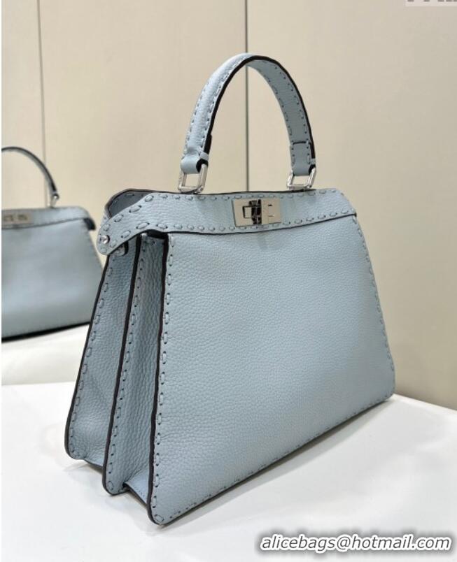 Best Price Fendi Peekaboo ISeeU Medium Bag in Grained Leather with Oversized Topstitching 80133 Glacier Blue 2025 Top Qu