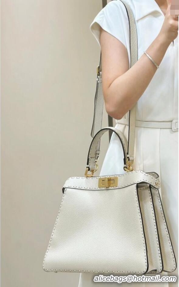 Buy Fendi Peekaboo ISeeU Medium Bag in Grained Leather with Oversized Topstitching 80133 White 2025 Top Quality