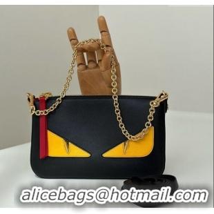 Low Cost Fendi Lunar New Year Baguette Pouch Mini Bag in Leather with Fendi Yellow Eyes 8673 Black 2025