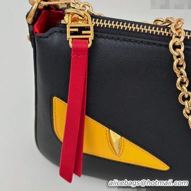 Low Cost Fendi Lunar New Year Baguette Pouch Mini Bag in Leather with Fendi Yellow Eyes 8673 Black 2025