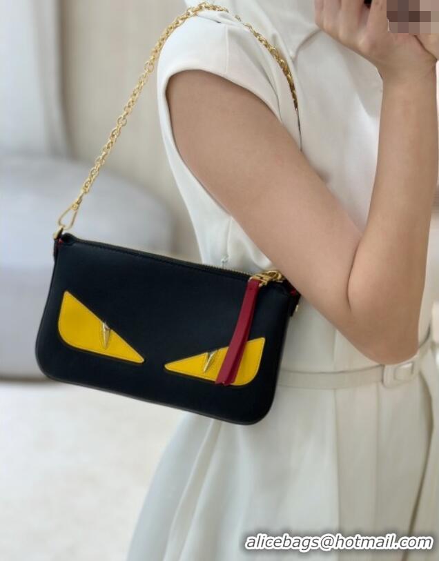 Low Cost Fendi Lunar New Year Baguette Pouch Mini Bag in Leather with Fendi Yellow Eyes 8673 Black 2025