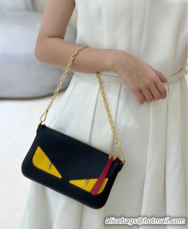 Low Cost Fendi Lunar New Year Baguette Pouch Mini Bag in Leather with Fendi Yellow Eyes 8673 Black 2025