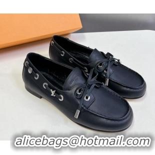 Top Design Louis Vuitton Soho Flat Boat Shoe in Calf Leather Black 1224045