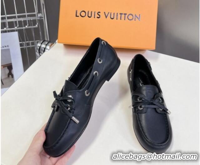 Top Design Louis Vuitton Soho Flat Boat Shoe in Calf Leather Black 1224045