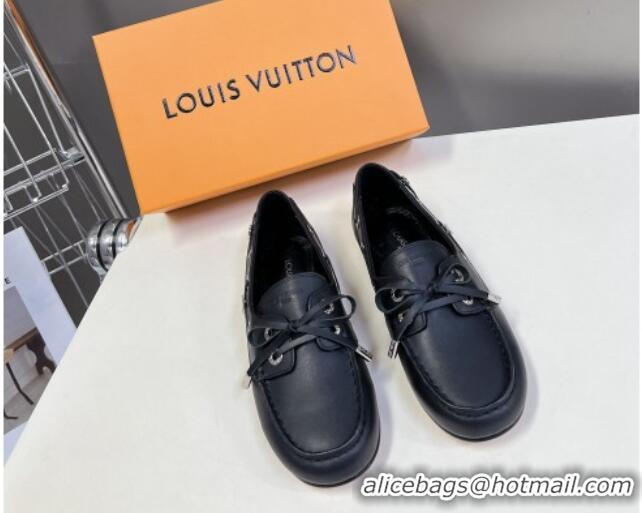 Top Design Louis Vuitton Soho Flat Boat Shoe in Calf Leather Black 1224045